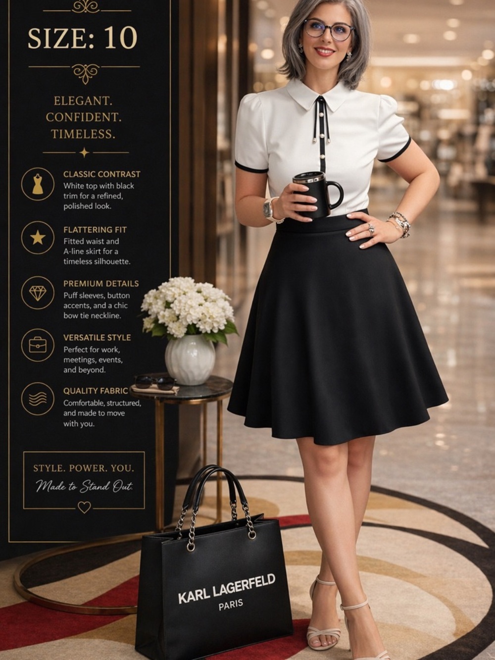 Karl Lagerfeld Black Circle dress with Contrast Pearl Trim